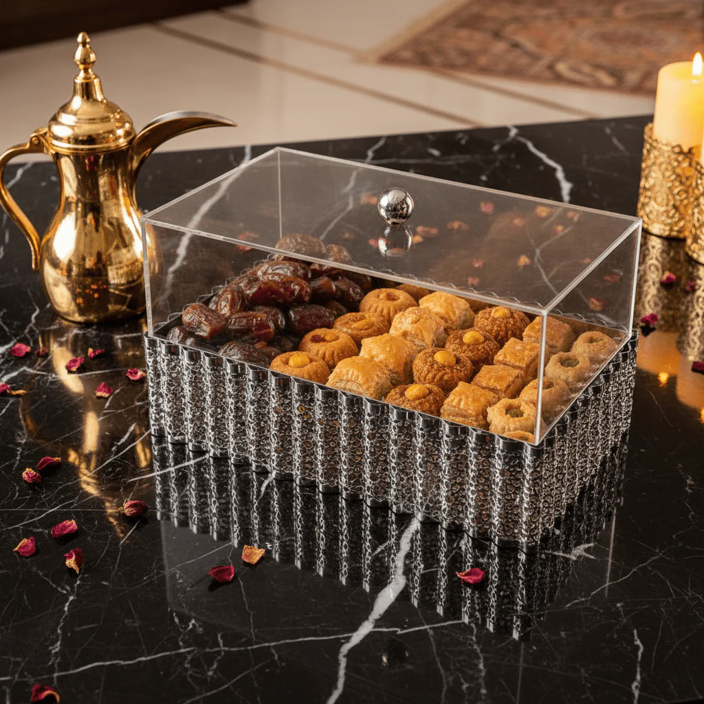 EliteServe Luxury Rectangle Silver Snack Presentation Tray with Clear Acrylic Cover – 29 × 16.5 cm - Image 2
