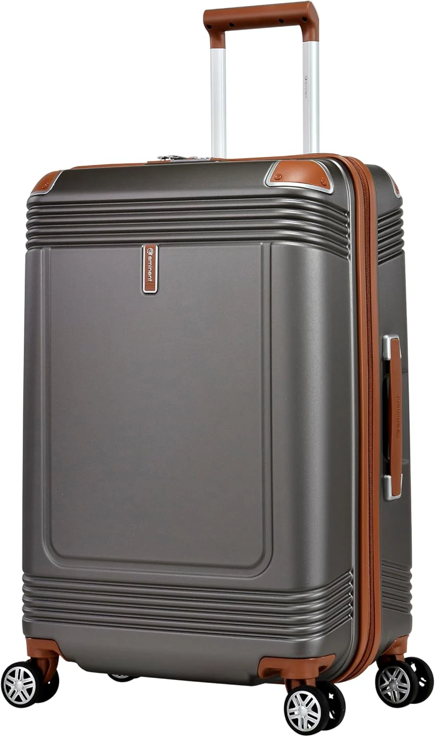 Eminent KK10 Makrolon Fashion Checked Suitcase – Smooth Double Spinner Wheels & TSA Lock, Gold Grey, 24-Inch