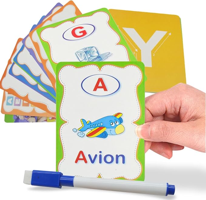 Erasable French Alphabet flashcards. - Write and Wipe Laminated ABCD Letter Tracing Practice Card for Kindergarten (26 Flashcards with Marker) (French Version) - Image 2