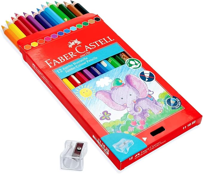Faber-Castell Jumbo Colour Pencils 12 Colour + Sharpener In A Cardboard Box, Multicolor, 111622, Classic - Image 3