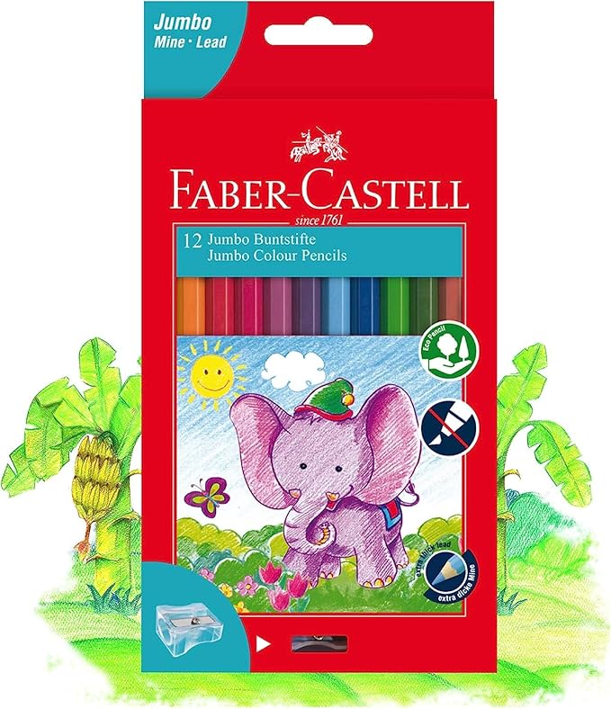 Faber-Castell Jumbo Colour Pencils 12 Colour + Sharpener In A Cardboard Box, Multicolor, 111622, Classic - Image 4