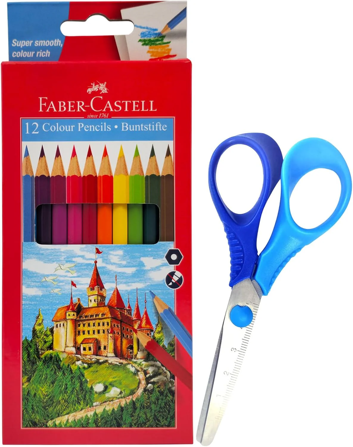 ‎Faber-Castell school essentials, Colour Pencil 12 Colours + Child Scissors Assorted 5 Inches