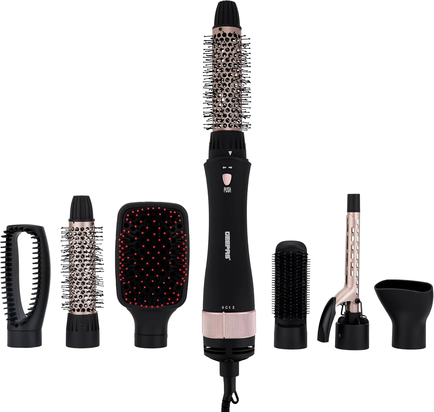 Geepas 8-IN-1 Hair Styler- GH86070| 2 Speed and 7 Attachments| 360-Degree Swivel Cord with Detachable Key|7 Interchangeable Heads| 2 Years Warranty, Black and Gold