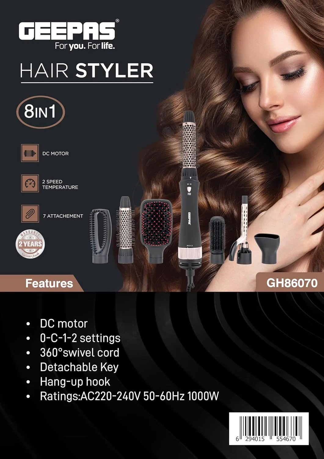 Geepas 8-IN-1 Hair Styler- GH86070| 2 Speed and 7 Attachments| 360-Degree Swivel Cord with Detachable Key|7 Interchangeable Heads| 2 Years Warranty, Black and Gold - Image 7