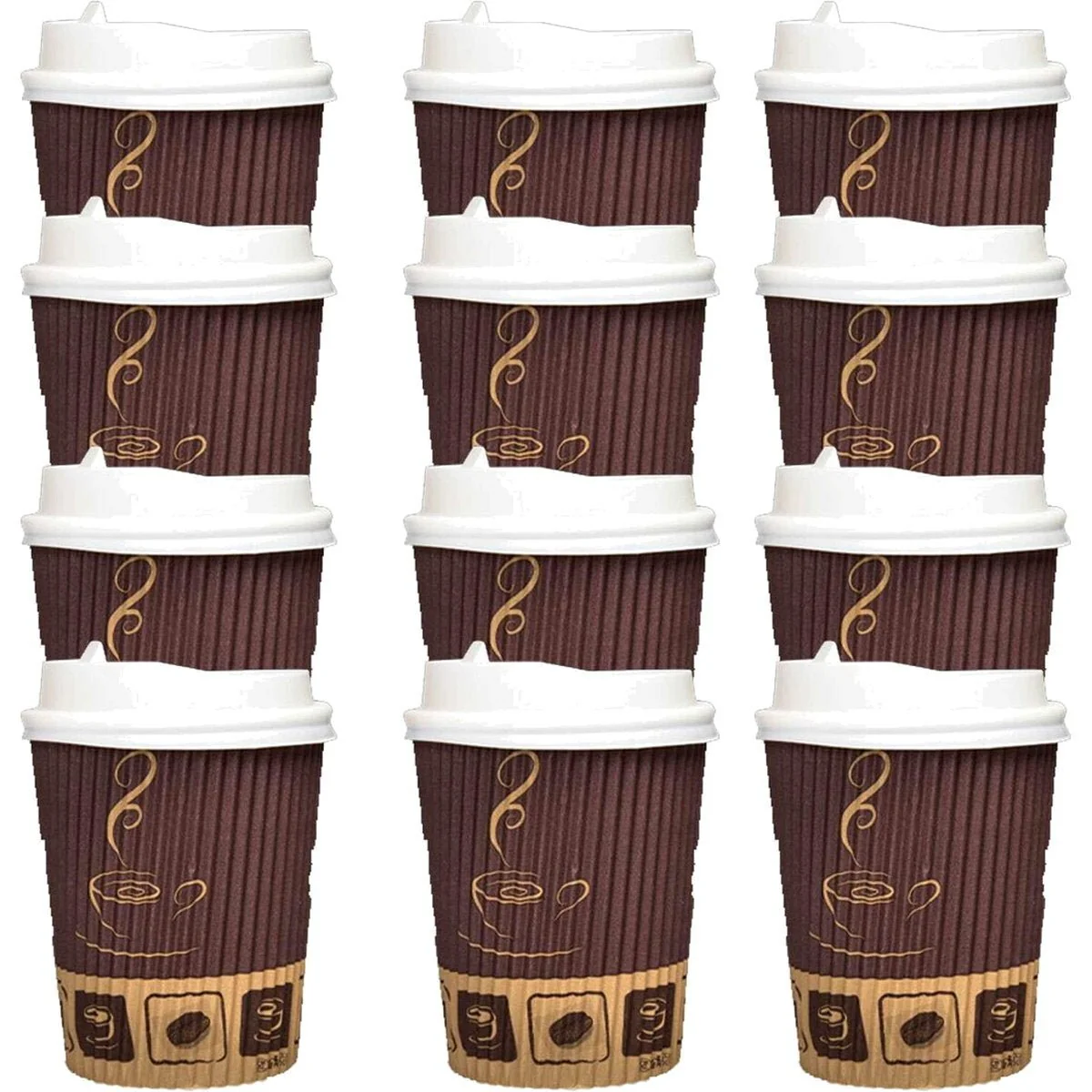 Falcon 12pcs Paper Ripple Cups 12oz with Lid Brown