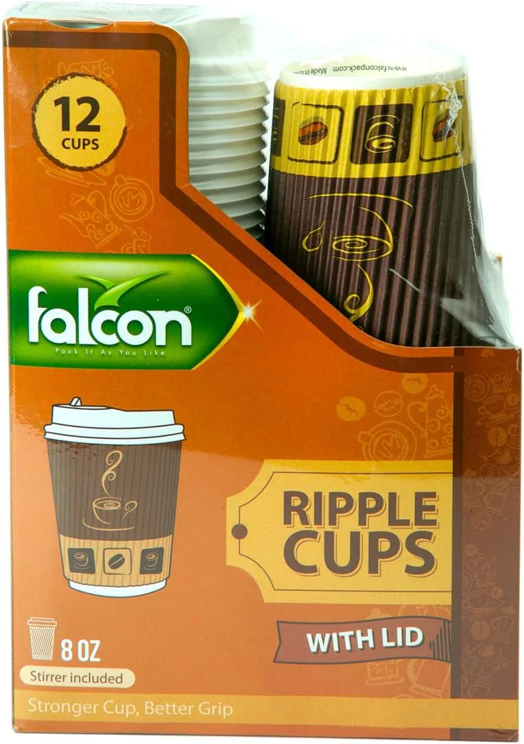 Falcon 12pcs Paper Ripple Cups 8oz with Lid Brown