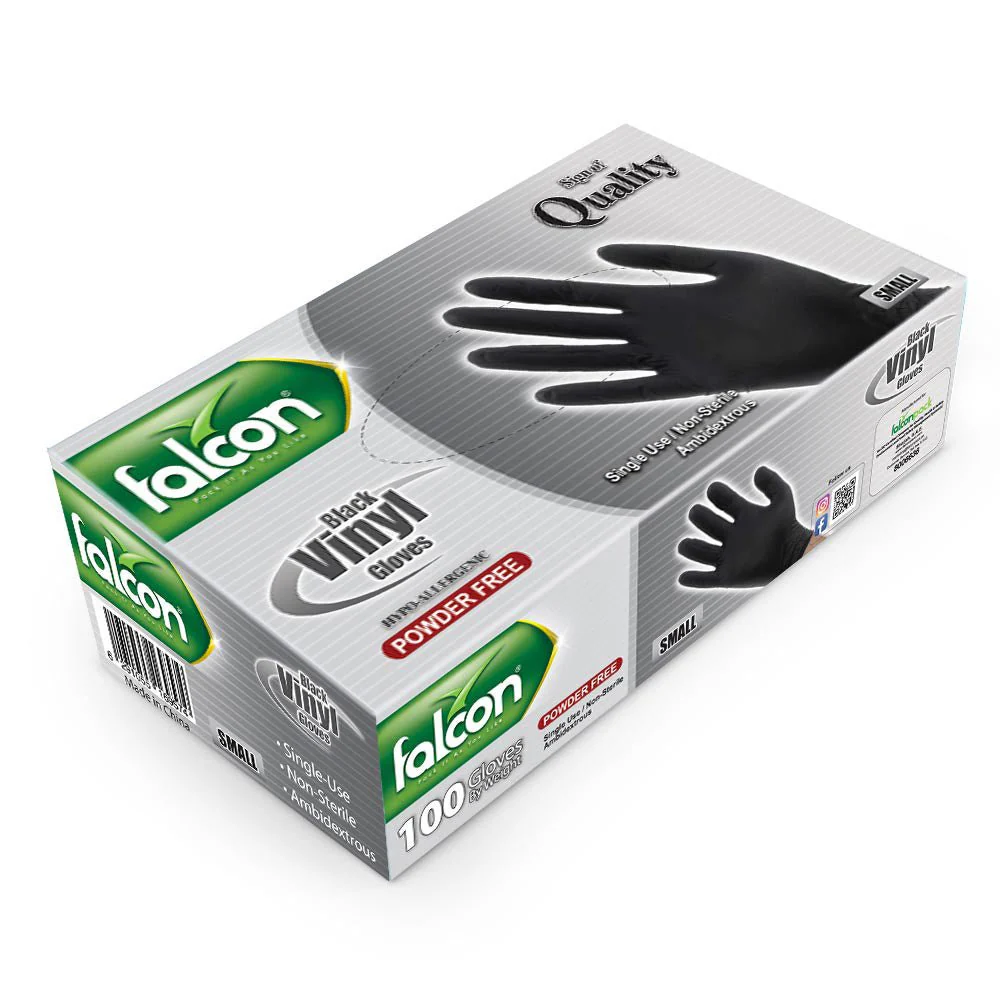 Falcon Powder Free Black Vinyl Gloves, Single Use- Non Sterile-Ambidextrous, 100 Gloves by Weight, Small