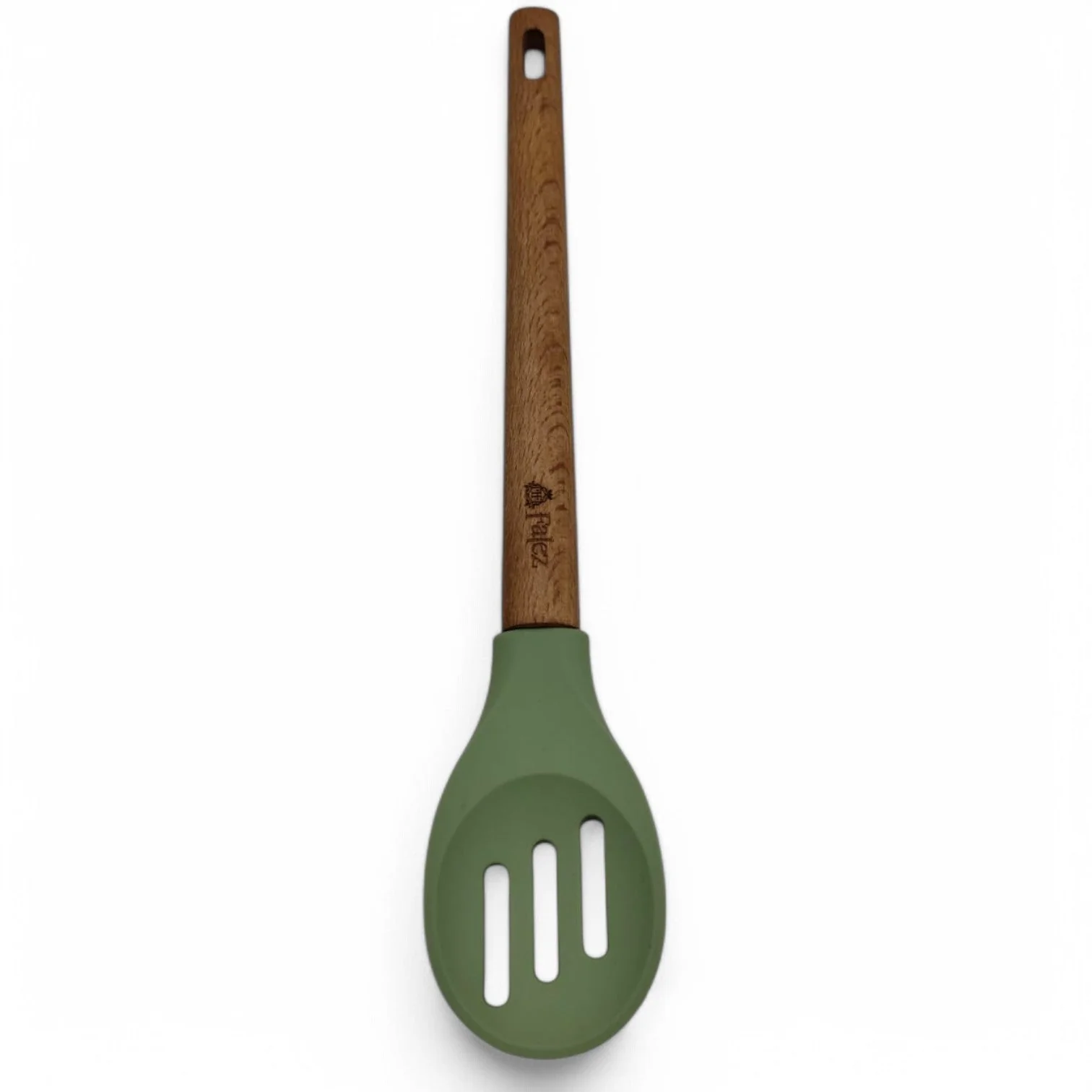 Falez Silicone Slotted Spoon with Wooden Handle, Heat-Resistant, Non-Scratch Cooking Utensil for Stirring, Scooping, Mixing, and Serving, Durable and Versatile Kitchen-30cmX7cm-Green