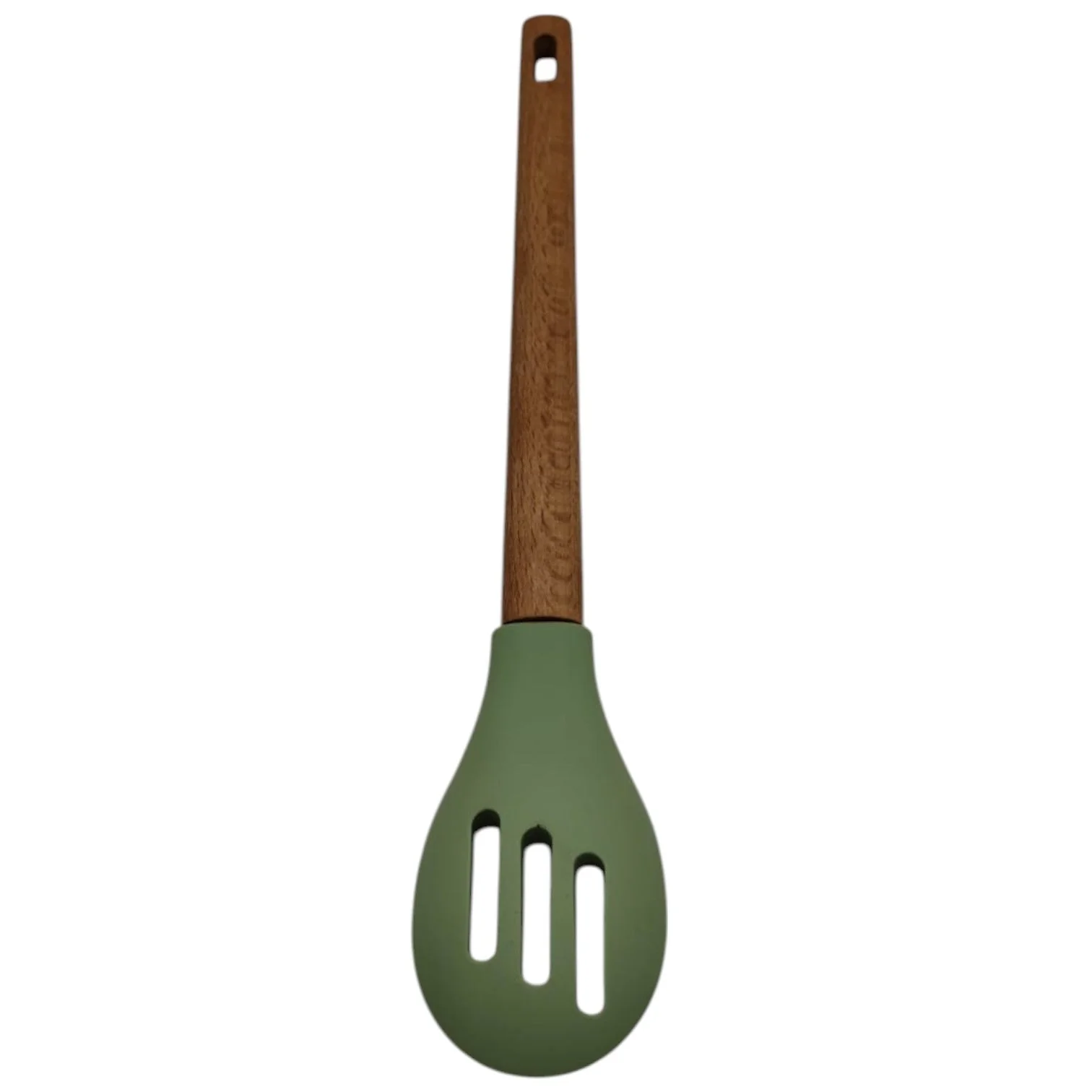 Falez Silicone Slotted Spoon with Wooden Handle, Heat-Resistant, Non-Scratch Cooking Utensil for Stirring, Scooping, Mixing, and Serving, Durable and Versatile Kitchen-30cmX7cm-Green - Image 2