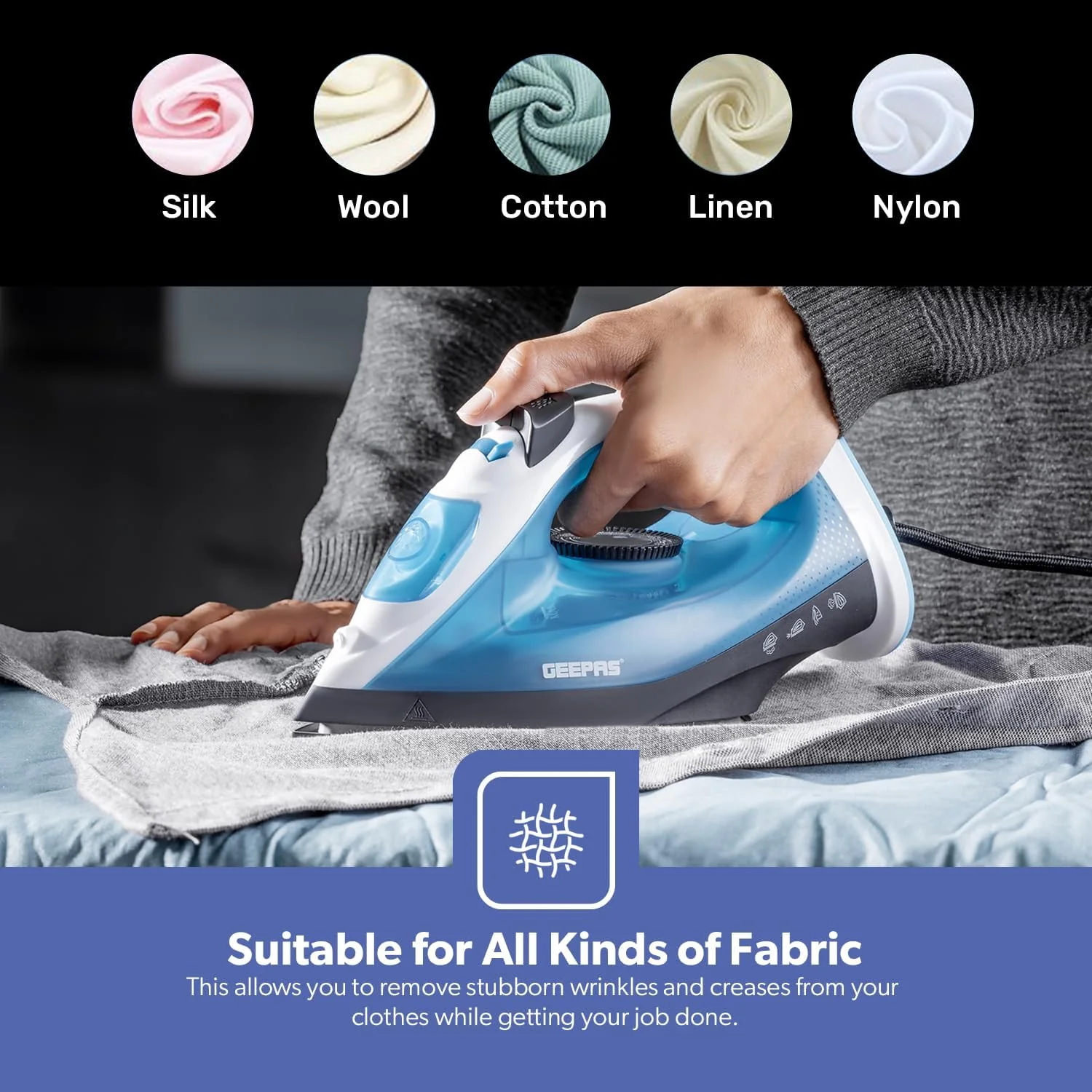 Geepas 1600W Multifunctional Steam Iron for Crisp Ironed Clothes – Non-Stick Soleplate, Wet/Dry Function & with Temperature Control - Image 5