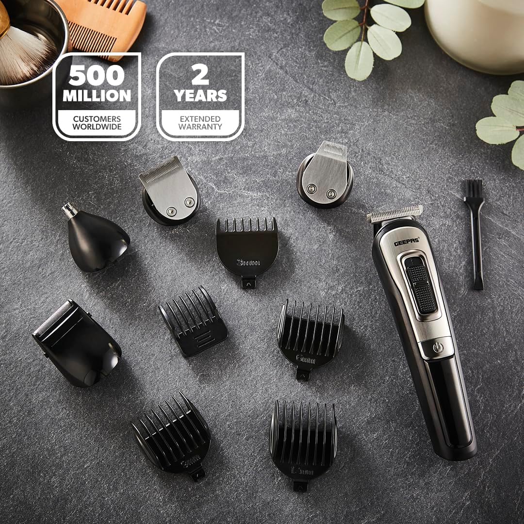 Geepas 11-IN-1 Rechargeable Grooming Set- GTR8300| With 6 Interchangeable Heads and 4 Comb Attachments| Includes a Charging Stand| Prefect for Home and Professional Styling| Black - Image 3