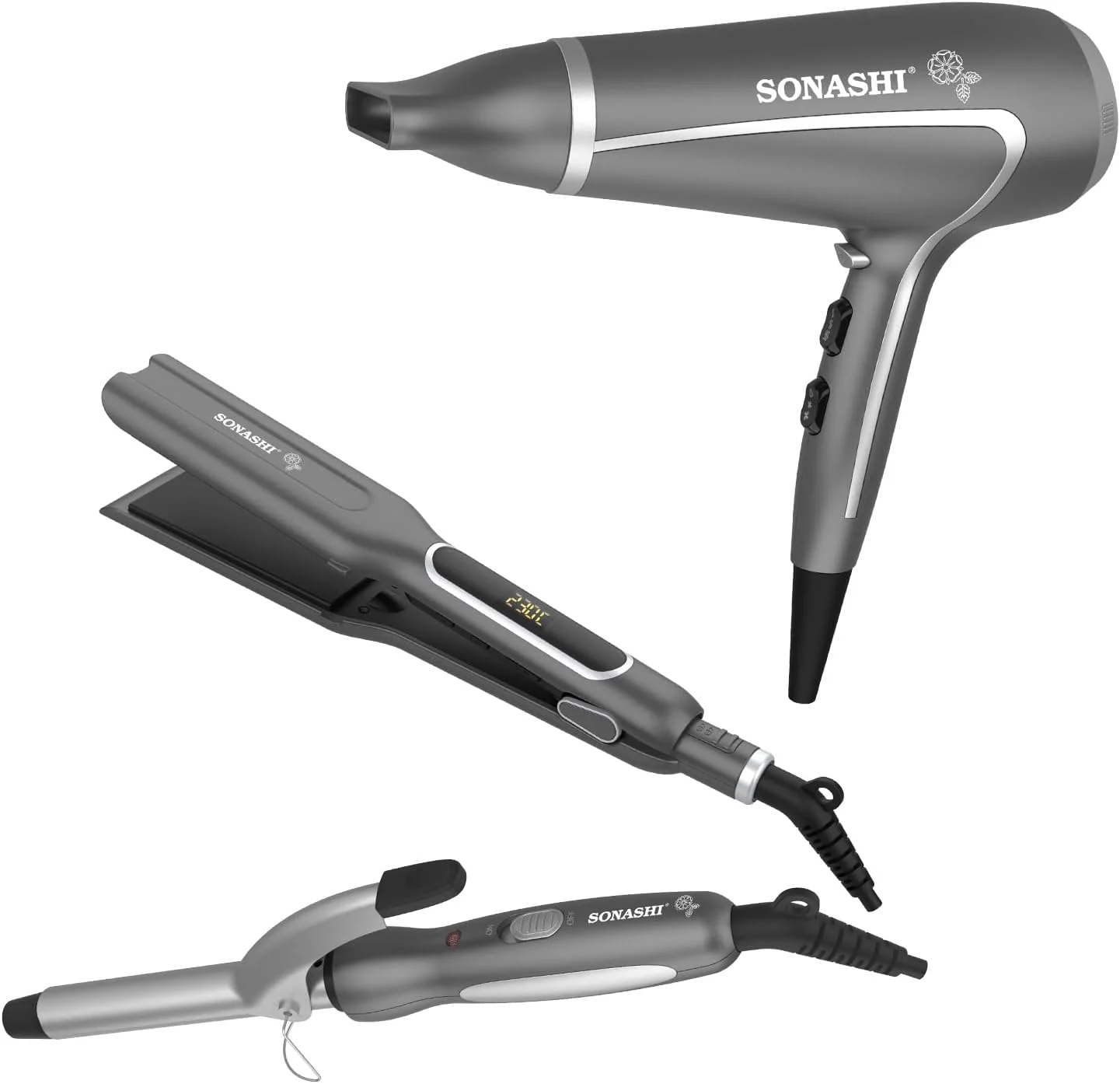Sonashi 3 in1 Hair Dressing Set With Hair Dryer Hair Straightener And Hair Curler Featured With Ceramic Plates Wet And Dry Function Light Indicator 360 Swivel SBS-800 Grey