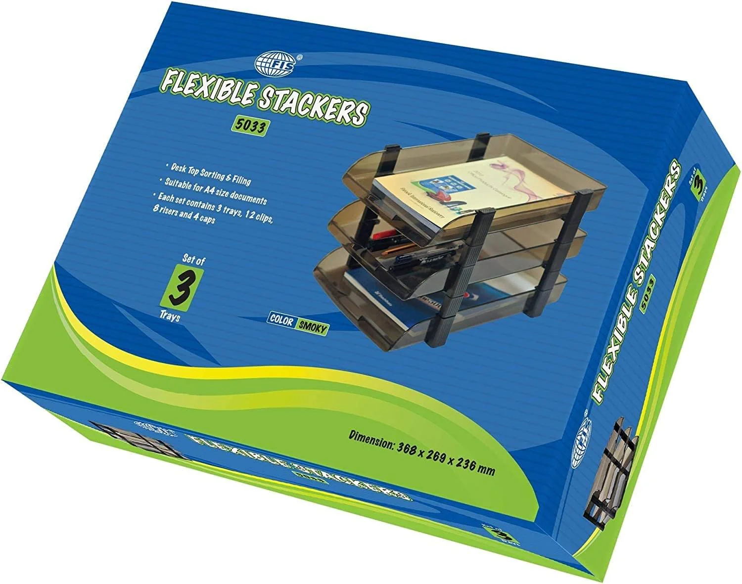 FIS FSOT-5033 Flexible Stacker File Tray – 3-Tier, Smoky 38*25*22 cm - Image 2