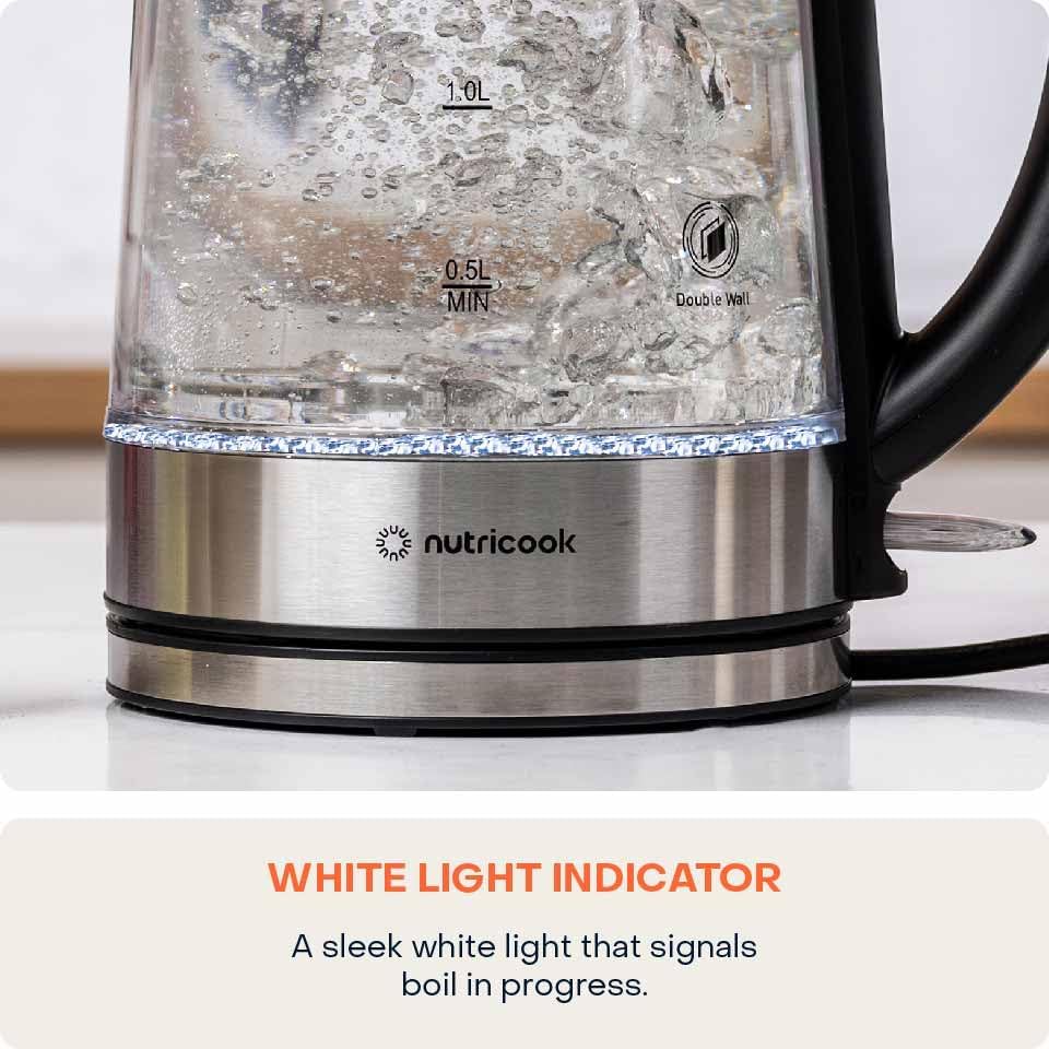 Nutricook Glass Kettle 2200W, 1.7L, Double wall Cool touch exterior, Auto Shut Off, Boil dry Protection, LED Indicator, 360° swivel base, Power Cord Storage - Image 3