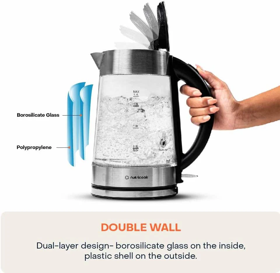 Nutricook Glass Kettle 2200W, 1.7L, Double wall Cool touch exterior, Auto Shut Off, Boil dry Protection, LED Indicator, 360° swivel base, Power Cord Storage - Image 4
