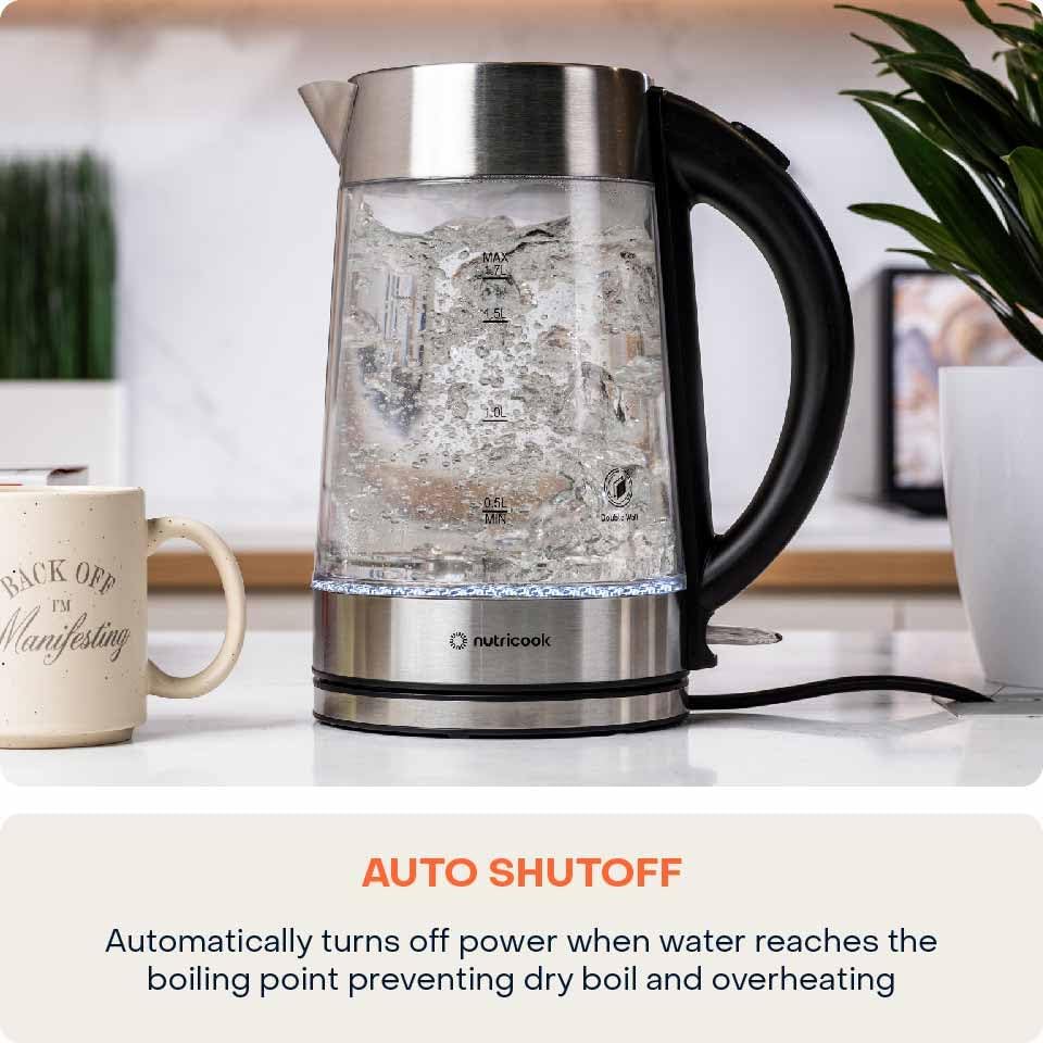Nutricook Glass Kettle 2200W, 1.7L, Double wall Cool touch exterior, Auto Shut Off, Boil dry Protection, LED Indicator, 360° swivel base, Power Cord Storage - Image 5