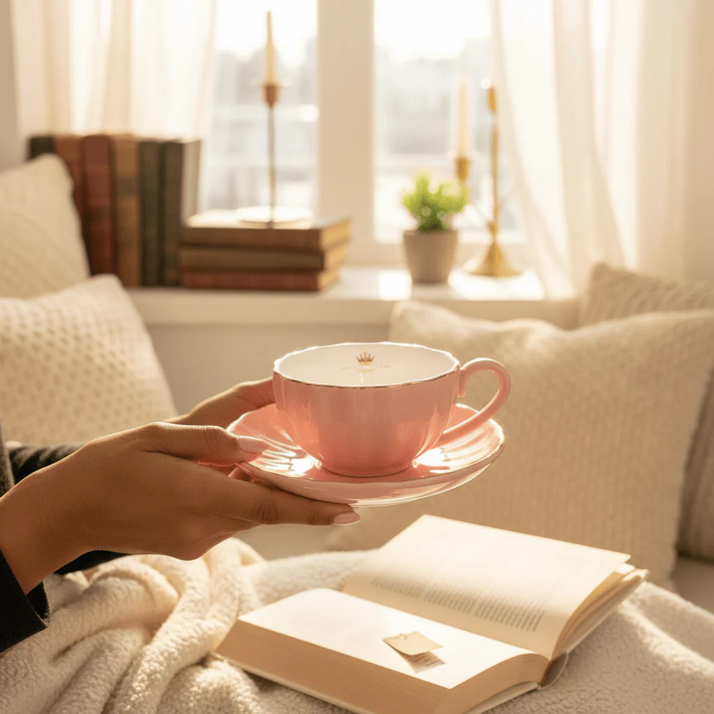 Fresh Life Pink Ceramic Cup & Saucer Set — 260ml | Blush Pink with Gold Rim - Image 4