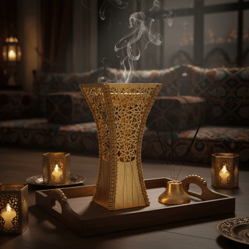 Fuma Gold Metal Incense Burner | Ornate Arabic Lattice Design | 27×13 cm - Image 2