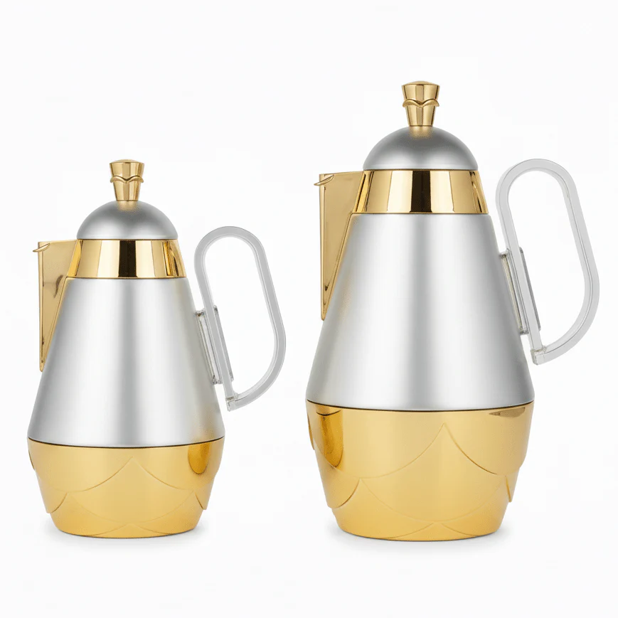 Fursan 2-Piece Vacuum Flask Set – 0.7L & 1.0L Matte Silver with Gold Finish Thermal Coffee & Tea Flask