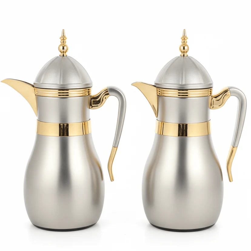 Fursan Deluxe Insulated Vacuum Flask Set of 2 (1 Liter × 2) – Rich Gold Color with Nickel Accents, Heavy-Duty Stainless Steel for Long-Lasting Performance