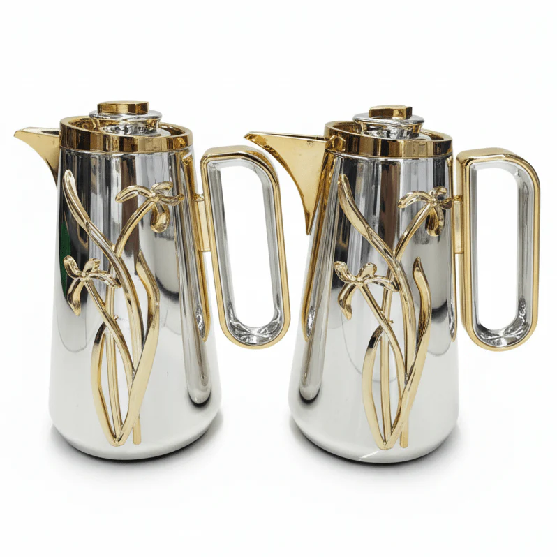 Fursan Luxury 2-Piece Vacuum Flask Set 1+1L Silver with Gold Finish