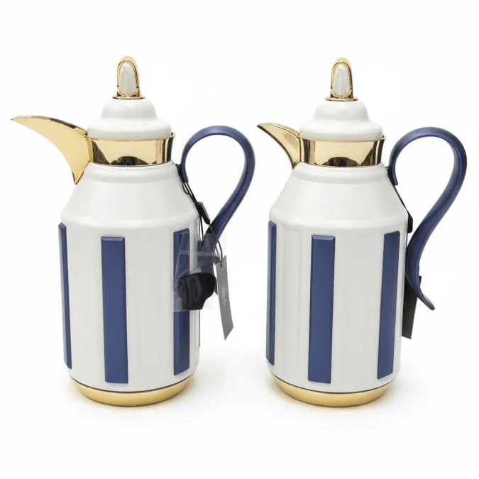 Fursan Premium 2-Piece Vacuum Flask Set 1+1L White & Gold with Blue Accent Model 2