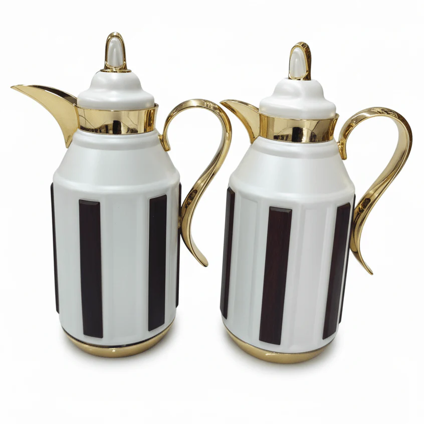 Fursan Premium 2-Piece Vacuum Flask Set 1+1L White & Gold with Brown Accent Model 1