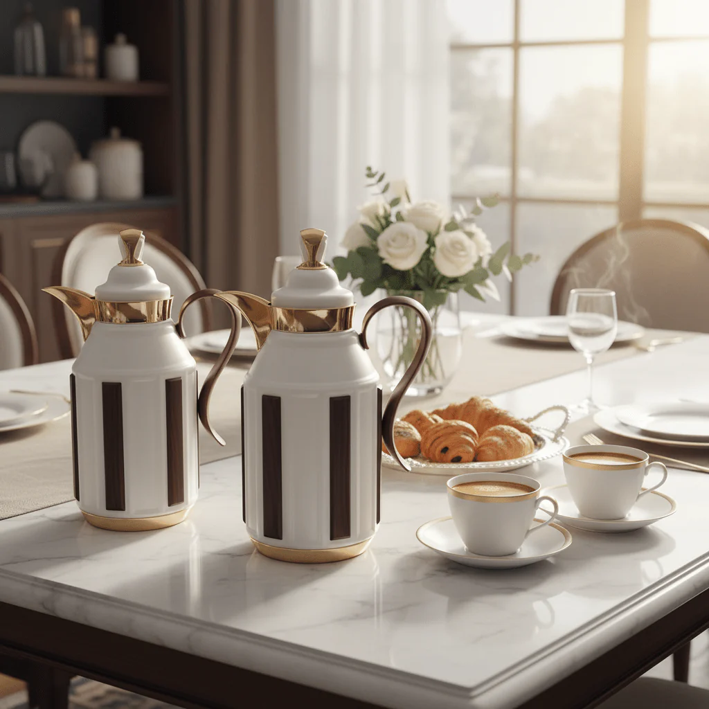 Fursan Premium 2-Piece Vacuum Flask Set 1+1L White & Gold with Brown Accent Model 2 - Image 2
