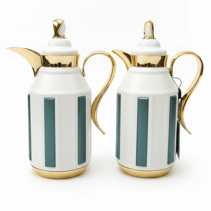 Fursan Premium 2-Piece Vacuum Flask Set 1+1L White & Gold with Green Accent Model 1