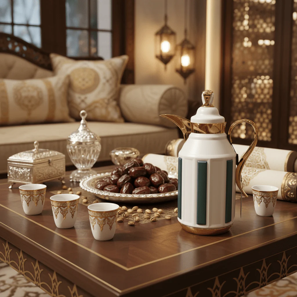 Fursan Premium 2-Piece Vacuum Flask Set 1+1L White & Gold with Green Accent Model 1 - Image 2