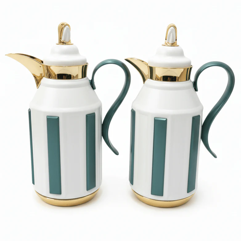 Fursan Premium 2-Piece Vacuum Flask Set 1+1L White & Gold with Green Accent Model 2