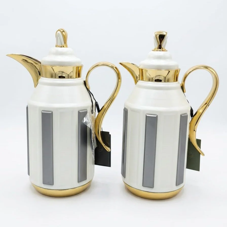 Fursan Premium 2-Piece Vacuum Flask Set 1+1L White & Gold with Grey Accent Model 1