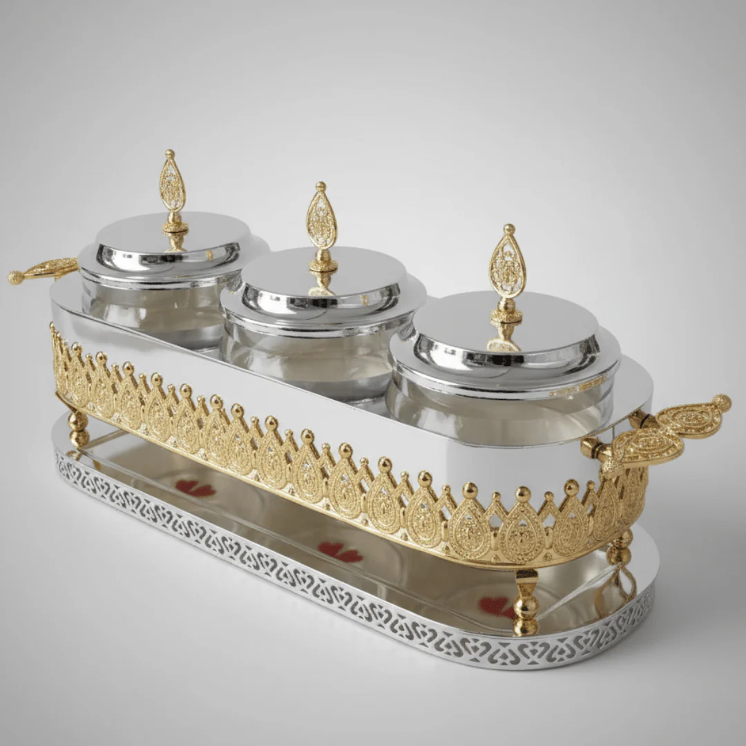 Fursan Premium 3-Piece Glass Candy Jar Set with Gold & Silver Metal Stand and Elegant Decorative Lids for Candy Dates Chocolates and Snacks 40×16 cm