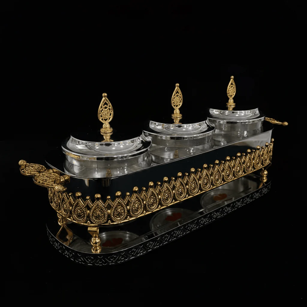 Fursan Premium 3-Piece Glass Candy Jar Set with Gold & Silver Metal Stand and Elegant Decorative Lids for Candy Dates Chocolates and Snacks 40×16 cm - Image 2