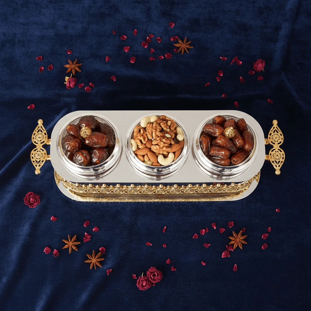 Fursan Premium 3-Piece Glass Candy Jar Set with Gold & Silver Metal Stand and Elegant Decorative Lids for Candy Dates Chocolates and Snacks 40×16 cm - Image 3