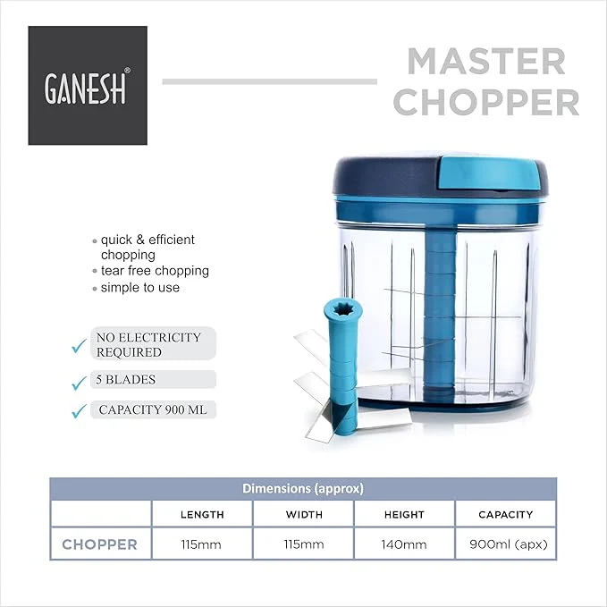 Ganesh Multipurpose Plastic Vegetable Master Chopper with 5 Stainless Steel Blades Blades for Effortlessly Chopping Vegetables and Fruits for Your Kitchen, XL Large Jumbo Chopper (900 Ml) - Image 3