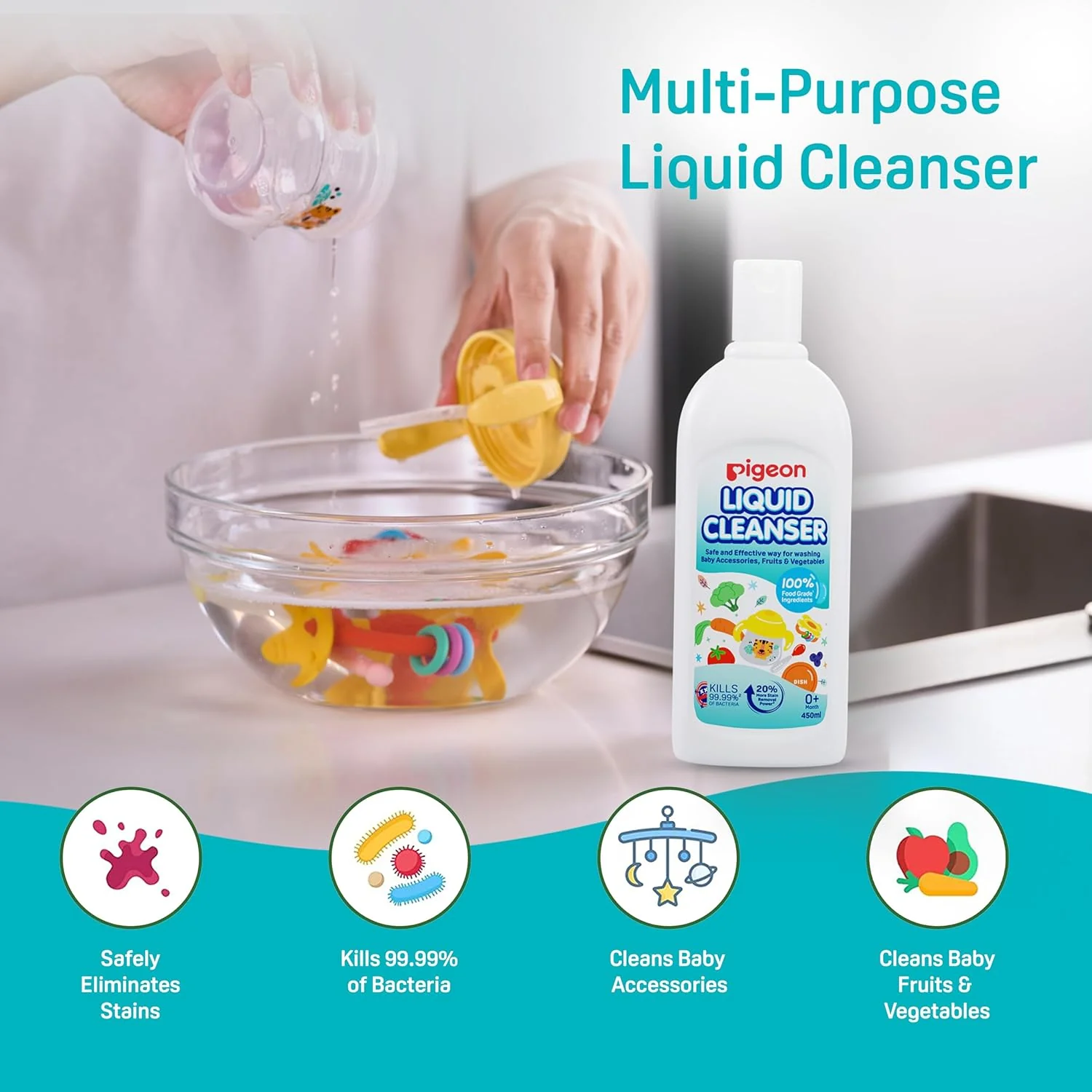 Pigeon Liquid Cleanser, 100% Food Grade Ingredients, Kills 99.99% Bacteria, 450ml - Image 2