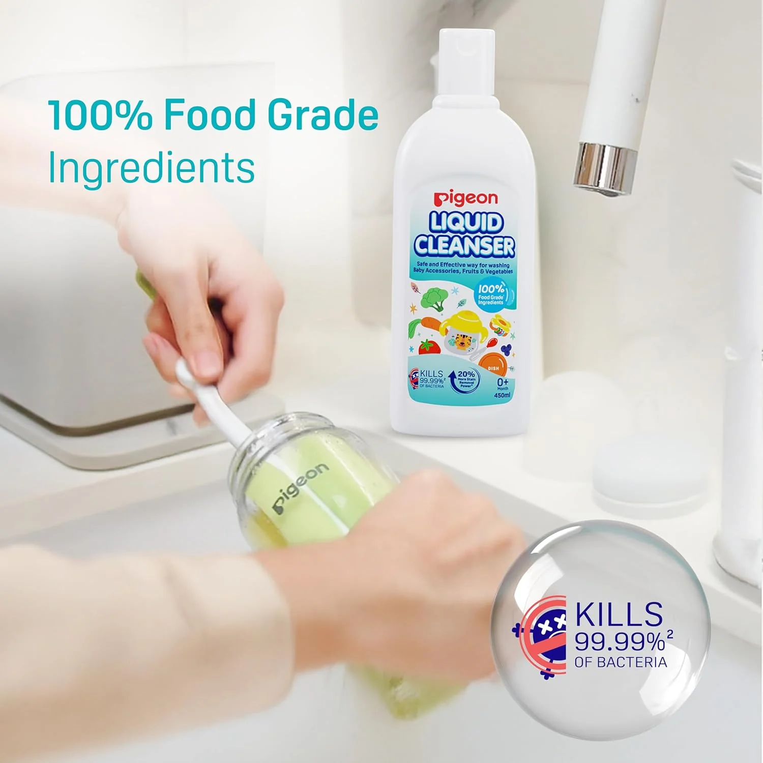 Pigeon Liquid Cleanser, 100% Food Grade Ingredients, Kills 99.99% Bacteria, 450ml - Image 3