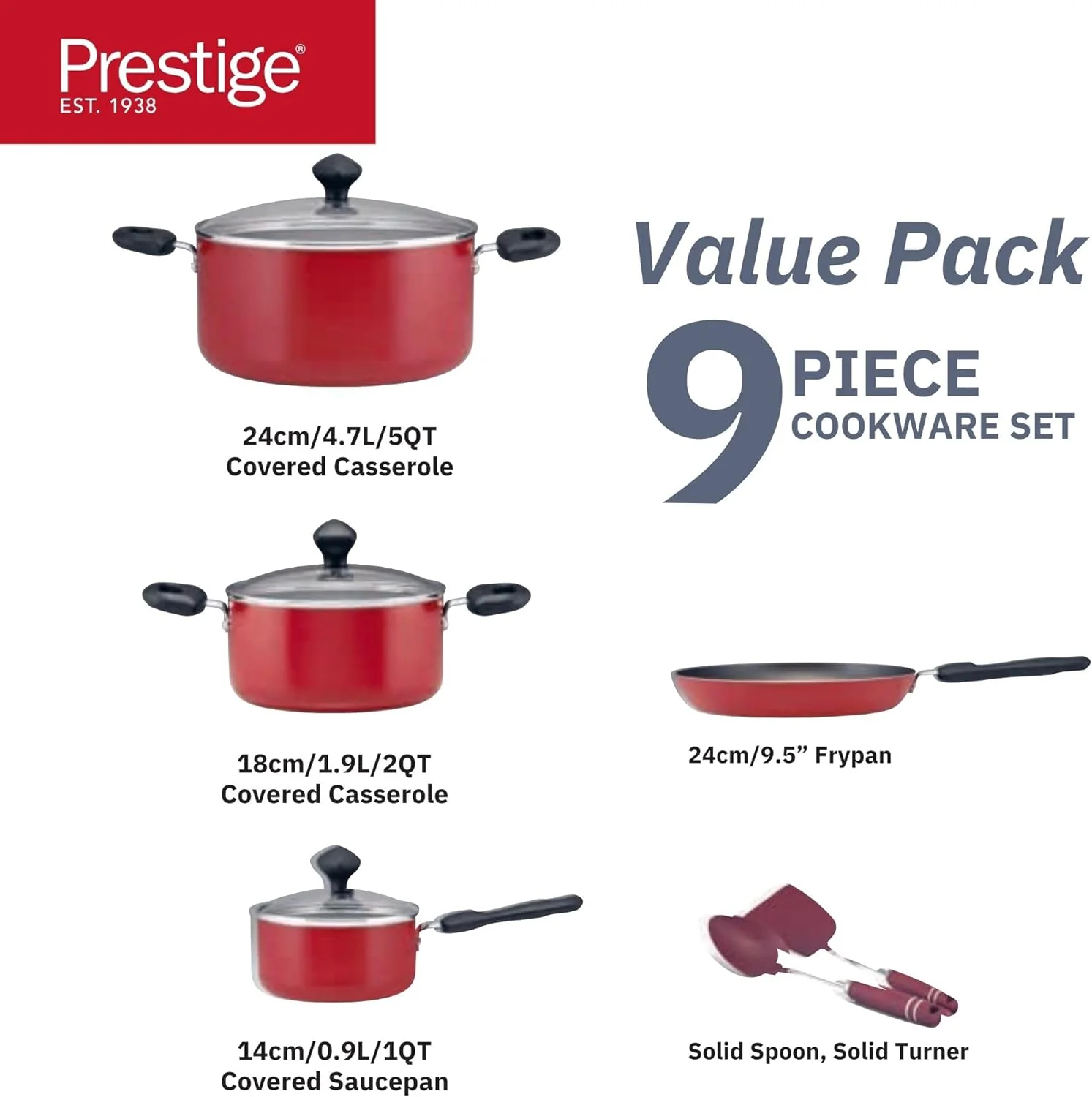 Prestige Value Pack Non-Stick Cookware sets 9 Pcs PR22430 - Red - Image 3