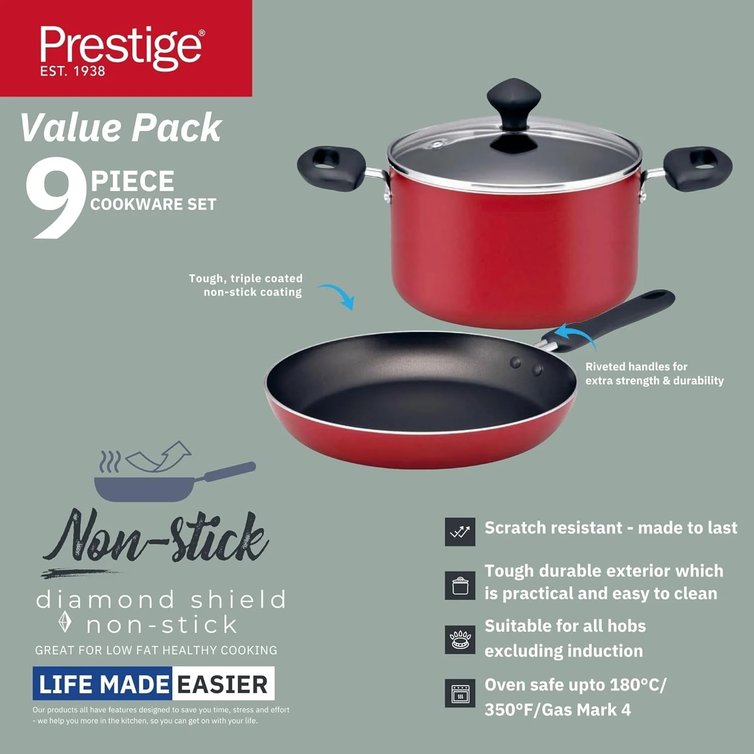 Prestige Value Pack Non-Stick Cookware sets 9 Pcs PR22430 - Red - Image 5