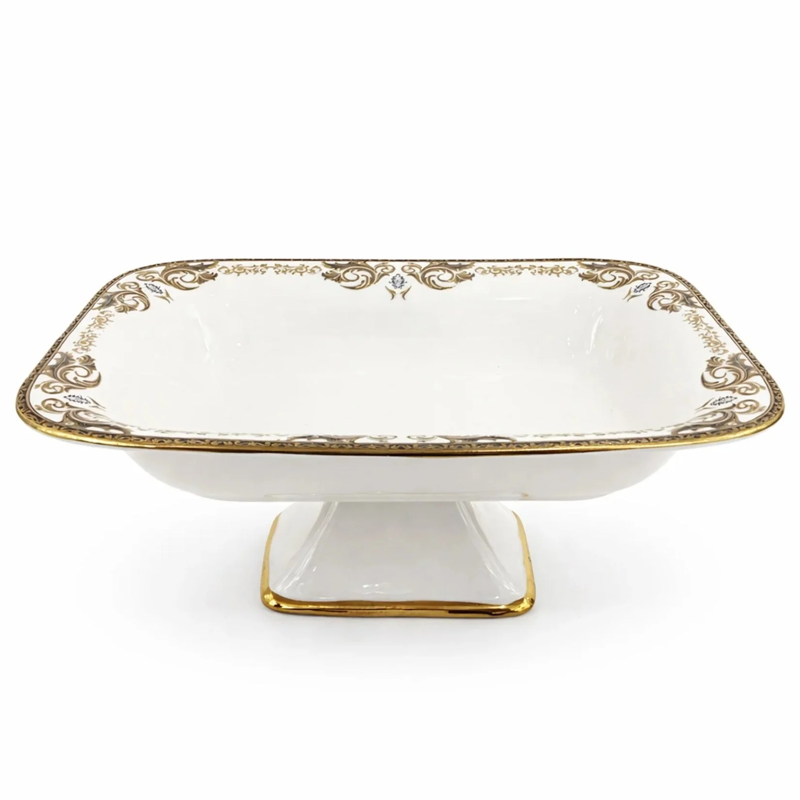 Angela AB-150 Ceramic Square Pedestal Bowl with Stand (Serving Tray)– 31 × 22 cm – White with Gold Detailing
