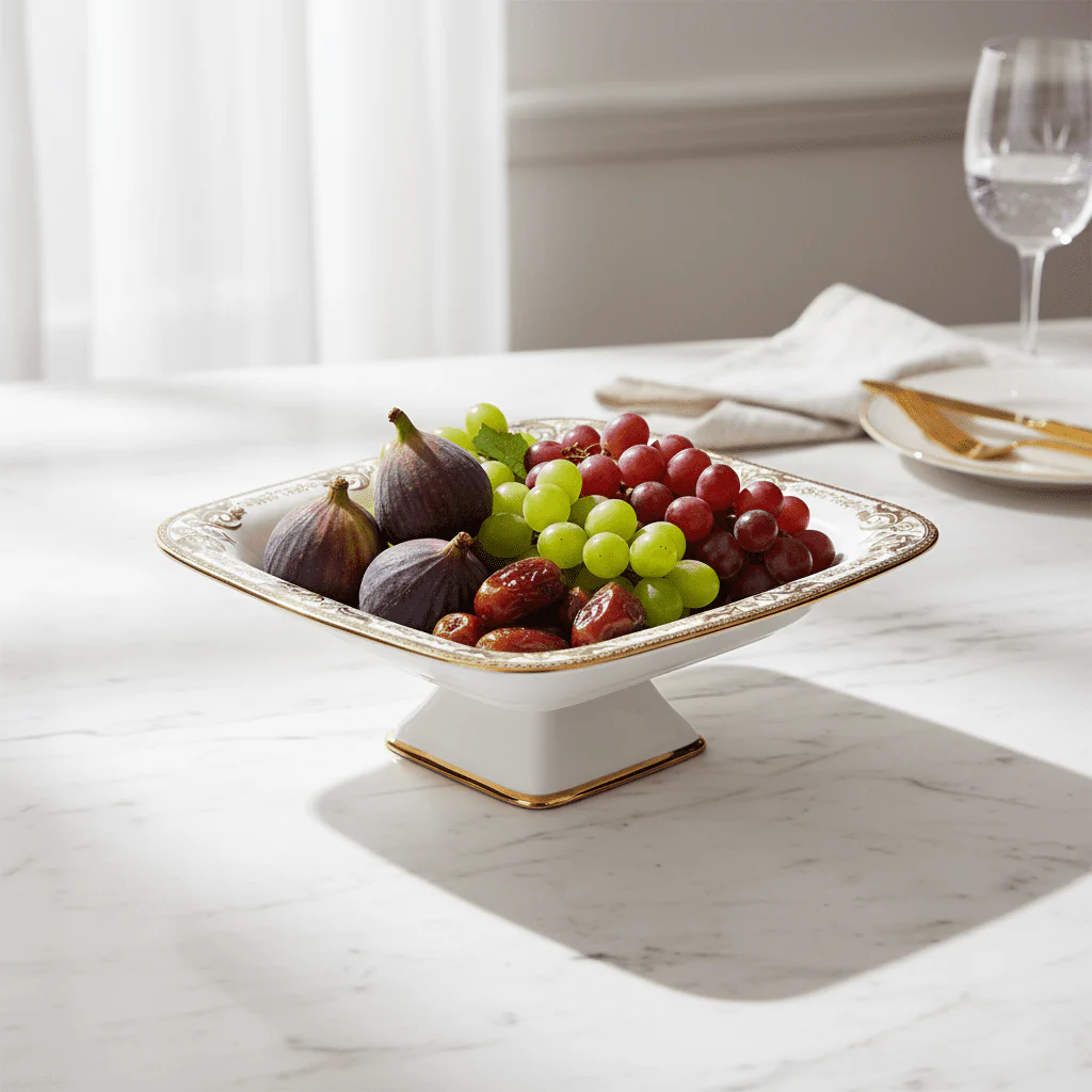Angela AB-150 Ceramic Square Pedestal Bowl with Stand (Serving Tray)– 31 × 22 cm – White with Gold Detailing - Image 2