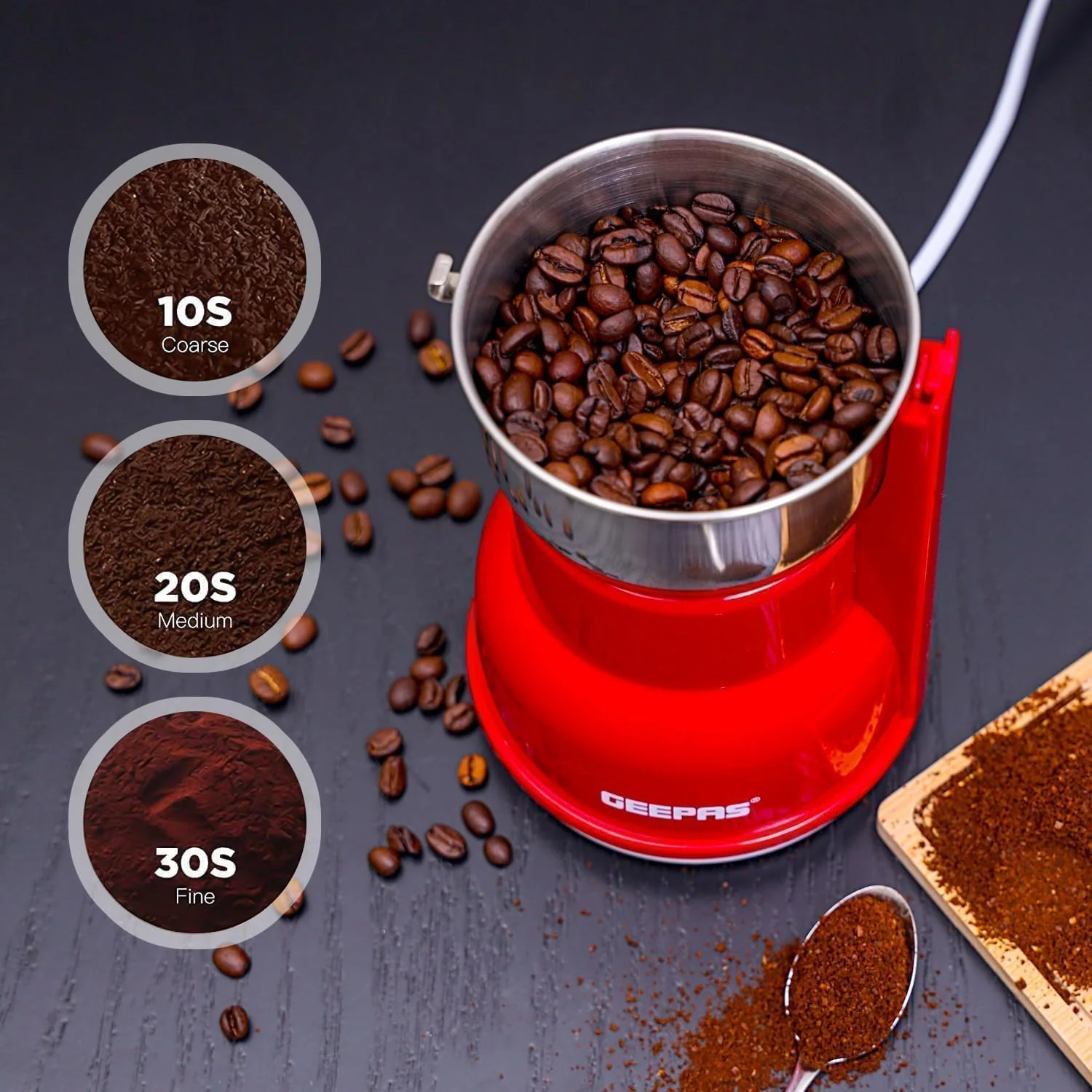 Geepas 150W Electric Coffee Grinder - Stainless Steel Blade |Stainless Steel Cup for Grinding, GCG5440 Overheat Protection | Removable Steel Bowl - Image 7