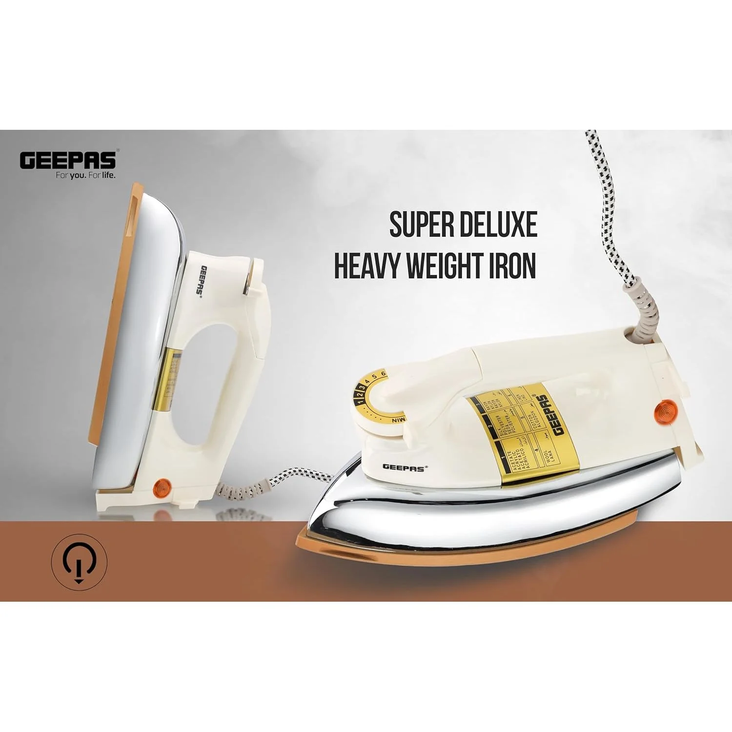 Geepas Automatic Dry Iron- GDI23011| Iron Box with Temperature Settings Dial and Auto Shut Off Function|Suitable for All Kinds of Fabric|7 Years Warranty, White and golden - Image 3