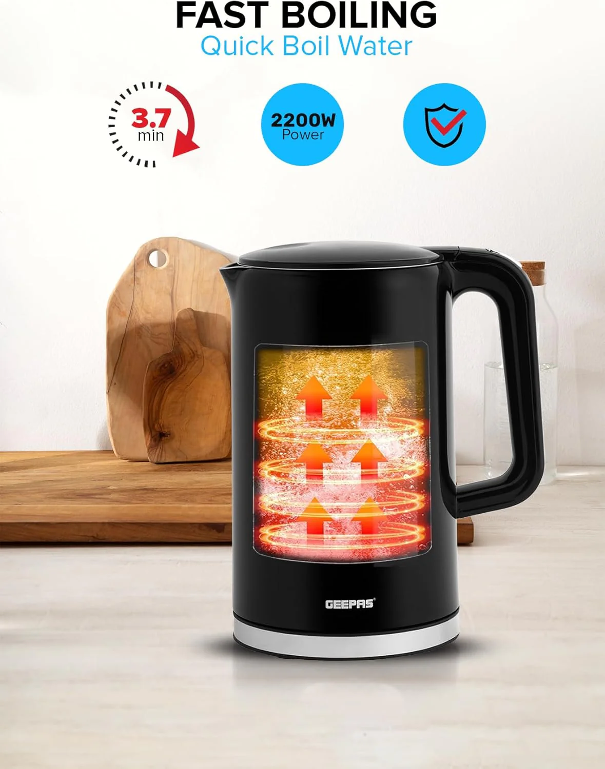 Geepas Double Layer Kettle, Black, GK38052|1.7L Digital Display Kettle Dry Boiling Protecction/Quick Boil Water, Tea and Coffee Maker-2200 Watts - Image 7