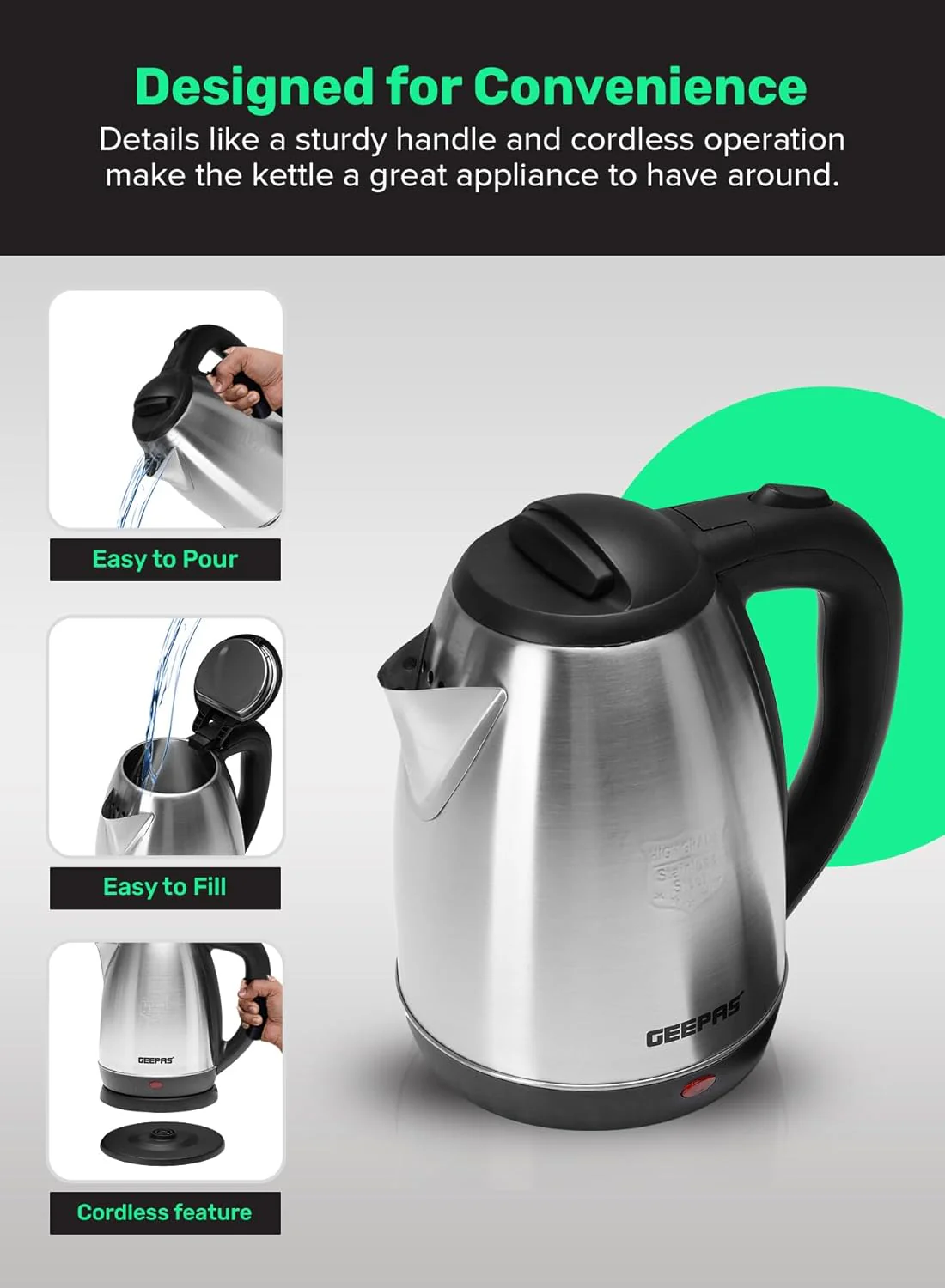Geepas Electric Tea Kettle 1.8 L, Auto Shut Off And Boil Dry Protection, Safety Lock Lid, 360 Degree Rotational Base, Stainless Steel, Ergonomic Handle, Perfect Pour, Large Capacity 1.8 L 1500 W GK5454B - Image 3