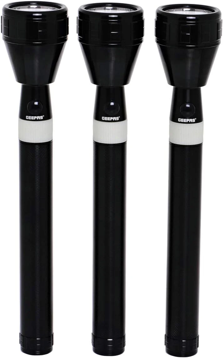 Geepas GFL4658 Super Bright Rechargeable LED Flashlight Set of 3 | 2000 Meters Ultra Long Range Beam | Waterproof Heavy-Duty Torch with Charger and Battery