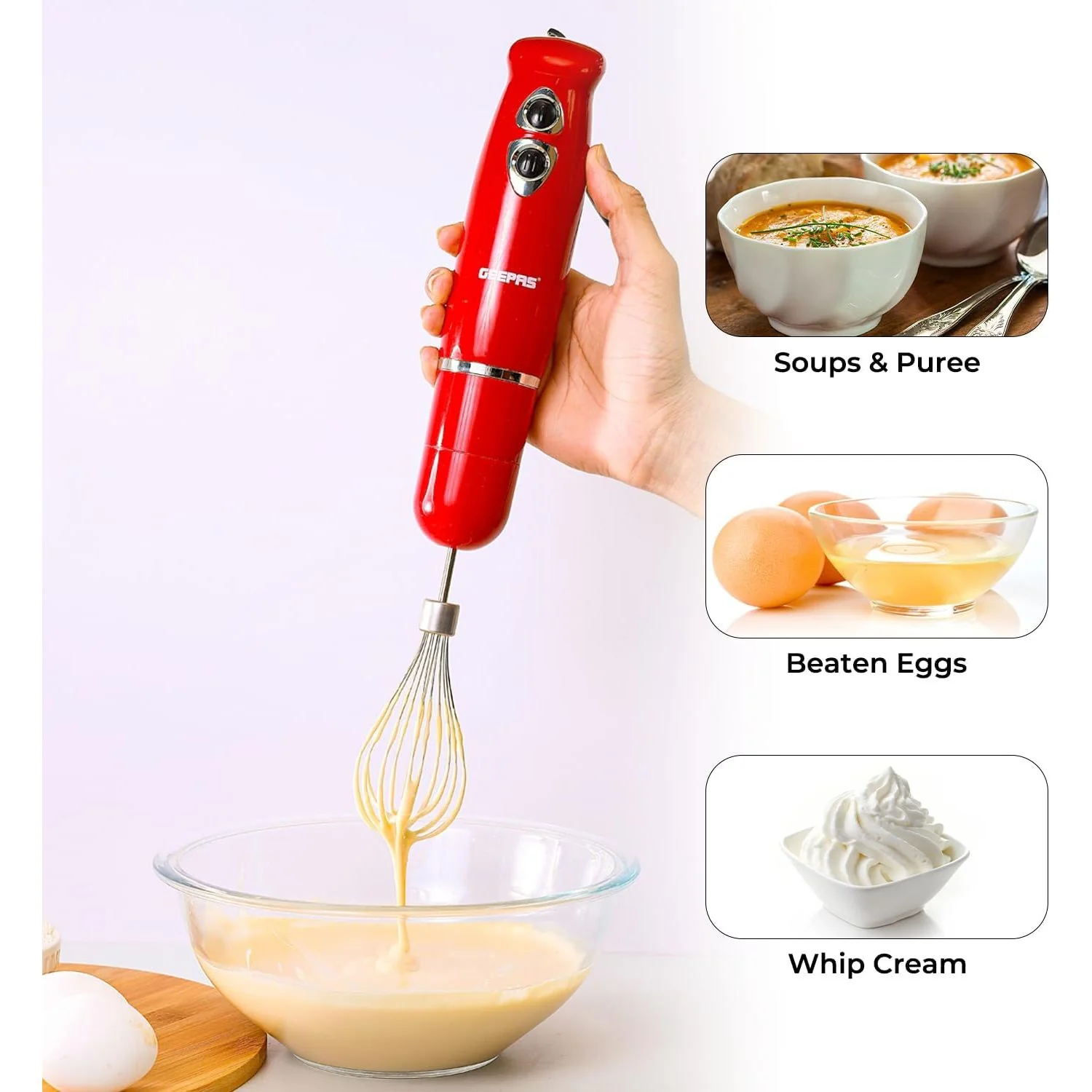 Geepas GHB6136 400W Hand Blender - Stainless Steel Blades with 2 Speed for Baby Food, Soup, Juice | 860ml Chopper Bowl & Electric Egg Whisk - 2 Years Warranty - Image 3