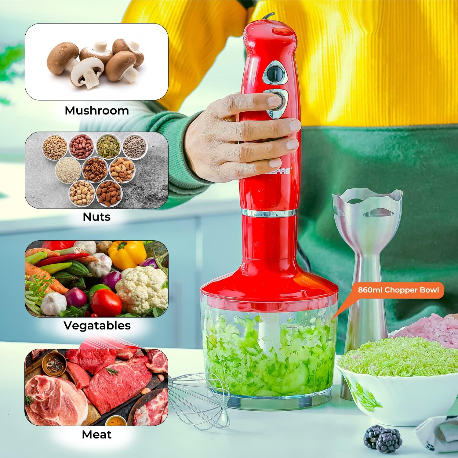 Geepas GHB6136 400W Hand Blender - Stainless Steel Blades with 2 Speed for Baby Food, Soup, Juice | 860ml Chopper Bowl & Electric Egg Whisk - 2 Years Warranty - Image 4