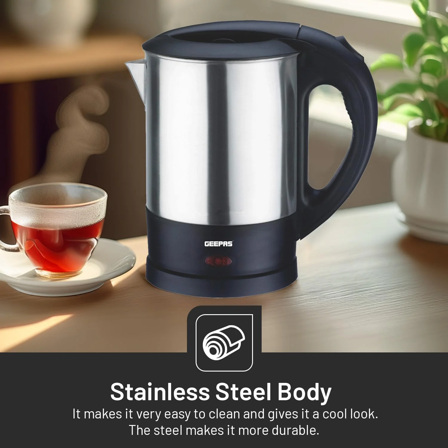 Geepas GK5418 1350W Travel Electric Kettle - Stainless Steel Housing, Boil-Dry & Overheat Protection |Boiler for Hot Water, Tea & Coffee | 1.0L | - Image 4